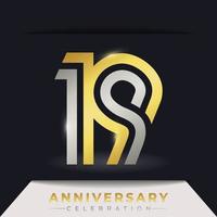 Celebración del aniversario de 19 años con varias líneas vinculadas de color dorado y plateado para eventos de celebración, bodas, tarjetas de felicitación e invitaciones aisladas en un fondo oscuro vector