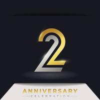 Celebración del aniversario de 2 años con varias líneas vinculadas de color dorado y plateado para eventos de celebración, bodas, tarjetas de felicitación e invitaciones aisladas en un fondo oscuro vector