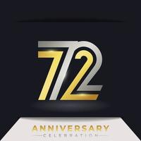 Celebración del aniversario de 72 años con varias líneas vinculadas de color dorado y plateado para eventos de celebración, bodas, tarjetas de felicitación e invitaciones aisladas en un fondo oscuro vector