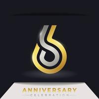 Celebración del aniversario de 6 años con varias líneas vinculadas de color dorado y plateado para eventos de celebración, bodas, tarjetas de felicitación e invitaciones aisladas en un fondo oscuro vector