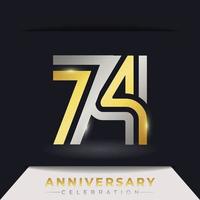 Celebración del aniversario de 74 años con varias líneas vinculadas de color dorado y plateado para eventos de celebración, bodas, tarjetas de felicitación e invitaciones aisladas en un fondo oscuro vector