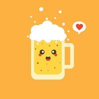 Ilustración de vector de diseño plano de cerveza. caricatura vectorial lindo y kawaii personaje de vaso de cerveza con espuma aislada en el fondo de color. etiqueta cómica de cerveza vectorial o plantilla de diseño de afiches.