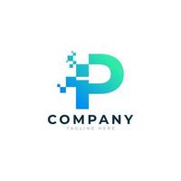 Tech Letter P Logo. Blue and Green Geometric Shape with Square Pixel Dots. Usable for Business and Technology Logos. Design Ideas Template Element. vector