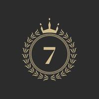 Number 7 Heraldic Royal Frame with Crown and Laurel Wreath. Simple Classic Emblem. Round Composition. Graphics Style. Art Elements for Logo Design Vector Illustration