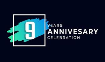 9 Year Anniversary Celebration with Blue Brush and Square Symbol. Happy Anniversary Greeting Celebrates Event Isolated on Black Background vector