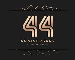 Diseño de estilo de logotipo de celebración de aniversario de 44 años. el saludo de feliz aniversario celebra el evento con múltiples líneas doradas y confeti aislado en la ilustración de diseño de fondo oscuro vector