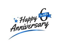Celebración del aniversario de 6 años con swoosh azul y símbolo de cinta azul. saludo de feliz aniversario celebra ilustración de diseño de plantilla vector