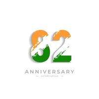 82 Year Anniversary Celebration with Brush White Slash in Yellow Saffron and Green Indian Flag Color. Happy Anniversary Greeting Celebrates Event Isolated on White Background vector