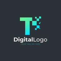 logotipo de la letra t de tecnología. forma geométrica azul y verde con puntos de píxeles cuadrados. utilizable para logotipos de negocios y tecnología. elemento de plantilla de ideas de diseño. vector