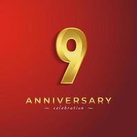 9 Year Anniversary Celebration with Golden Shiny Color for Celebration Event, Wedding, Greeting card, and Invitation Card Isolated on Red Background vector