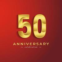 50 Year Anniversary Celebration with Golden Shiny Color for Celebration Event, Wedding, Greeting card, and Invitation Card Isolated on Red Background