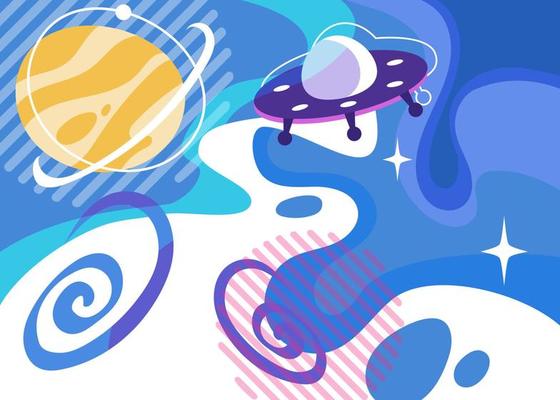 Banner with flying saucer in outer space.