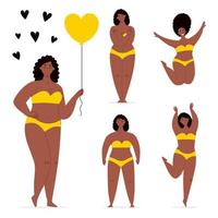 A happy african plump women in swimsuit holding a heart-shaped balloon,dancing,jumping,hugs herself.Concept of body positivity,self-love,overweight.Flat vector character isolated on white background