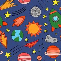 Space planets asteroids rocket ufo meteorite star night sky. Vector seamless pattern. Space travelling flight. Illustration in doodle style. For printing on paper fabric social media post web banner