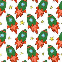 Space planets asteroids rocket ufo meteorite star night sky. Vector seamless pattern. Space travelling flight. Illustration in doodle style. For printing on paper fabric social media post web banner