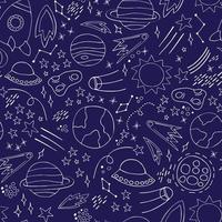 Space planets asteroids rocket ufo meteorite star night sky. Vector seamless pattern. Space travelling flight. Illustration in doodle style. For printing on paper fabric social media post web banner