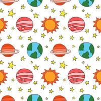 Space planets asteroids rocket ufo meteorite star night sky. Vector seamless pattern. Space travelling flight. Illustration in doodle style. For printing on paper fabric social media post web banner