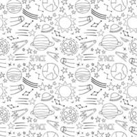 Space planets asteroids rocket ufo meteorite star night sky. Vector seamless pattern. Space travelling flight. Illustration in doodle style. For printing on paper fabric social media post web banner