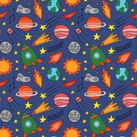 Space planets asteroids rocket ufo meteorite star night sky. Vector seamless pattern. Space travelling flight. Illustration in doodle style. For printing on paper fabric social media post web banner