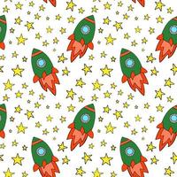 Space planets asteroids rocket ufo meteorite star night sky. Vector seamless pattern. Space travelling flight. Illustration in doodle style. For printing on paper fabric social media post web banner