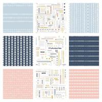 paquete de patrones sin costura vectorial conjunto de fondos de superficie infantil colores personalizados de moda tema hipster de la infancia, paquete de patrones abstractos geométricos de estilo escandinavo para imprimir en papel y tela. vector