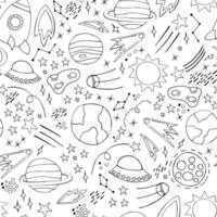 Space planets asteroids rocket ufo meteorite star night sky. Vector seamless pattern. Space travelling flight. Illustration in doodle style. For printing on paper fabric social media post web banner