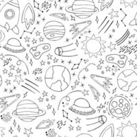 Space planets asteroids rocket ufo meteorite star night sky. Vector seamless pattern. Space travelling flight. Illustration in doodle style. For printing on paper fabric social media post web banner