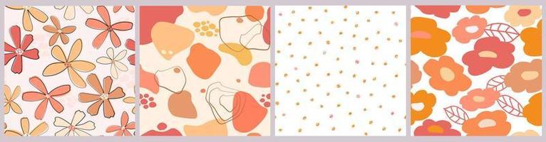 A set of seamless pattern with floral ornament. Abstract summer print with floral print, simple shapes, dots. Vector graphics.