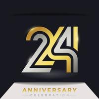 Celebración del aniversario de 24 años con varias líneas vinculadas de color dorado y plateado para eventos de celebración, bodas, tarjetas de felicitación e invitaciones aisladas en un fondo oscuro vector