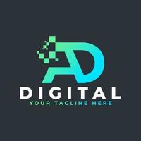 Tech Letter AD Logo. Blue and Green Geometric Shape with Square Pixel Dots. Usable for Business and Technology Logos. Design Ideas Template Element. vector