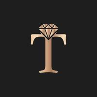 Golden Letter Luxury T with Diamond Symbol. Premium Diamond Logo Design Inspiration vector