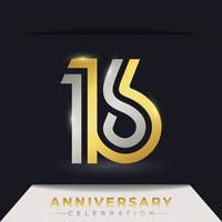 Celebración del aniversario de 16 años con varias líneas vinculadas de color dorado y plateado para eventos de celebración, bodas, tarjetas de felicitación e invitaciones aisladas en un fondo oscuro vector