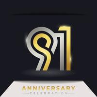 Celebración del aniversario de 91 años con varias líneas vinculadas de color dorado y plateado para eventos de celebración, bodas, tarjetas de felicitación e invitaciones aisladas en un fondo oscuro vector