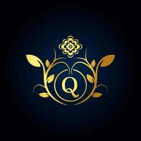 Elegant Q Luxury Logo. Golden Floral Alphabet Logo with Flowers Leaves. Perfect for Fashion, Jewelry, Beauty Salon, Cosmetics, Spa, Boutique, Wedding, Letter Stamp, Hotel and Restaurant Logo. vector