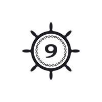 Number 9 Inside Ship Steering Wheel and Circular Chain Icon for Nautical Logo Inspiration vector