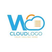 logotipo de tecnología en la nube. letra inicial w con nube y documento para el concepto de tecnología. señal meteorológica de software de datos vector