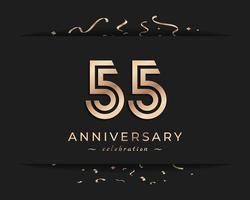 Diseño de estilo de logotipo de celebración de aniversario de 55 años. el saludo de feliz aniversario celebra el evento con múltiples líneas doradas y confeti aislado en la ilustración de diseño de fondo oscuro vector