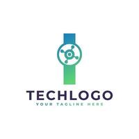 logotipo de la letra i de tecnología. forma geométrica verde con círculo de puntos conectado como vector de logotipo de red. utilizable para logotipos de negocios y tecnología.