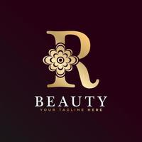 Elegant R Luxury Logo. Golden Floral Alphabet Logo with Flowers Leaves. Perfect for Fashion, Jewelry, Beauty Salon, Cosmetics, Spa, Boutique, Wedding, Letter Stamp, Hotel and Restaurant Logo. vector