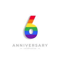 Celebración del aniversario de 6 años con el color del arco iris para el evento de celebración, la boda, la tarjeta de felicitación y la invitación aislada en el fondo blanco vector