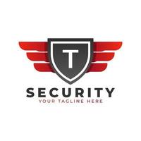 Security Logo. Initial T with Wings and Shield Icon. Car and Automotive Vector Logo Template