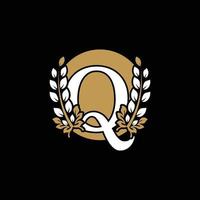 Initial Letter Q Linked Monogram Golden Laurel Wreath with Circle Logo. Graceful Design for Restaurant, Cafe, Brand name, Badge, Label, luxury identity vector