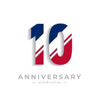 10 Year Anniversary Celebration with White Slash in Red and Blue American Flag Color. Happy Anniversary Greeting Celebrates Event Isolated on White Background vector