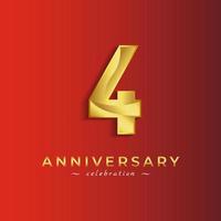 Celebración del aniversario de 4 años con color dorado brillante para eventos de celebración, bodas, tarjetas de felicitación y tarjetas de invitación aisladas en fondo rojo vector