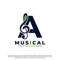 letra a con elemento de diseño de logotipo de nota clave de música. utilizable para logotipos comerciales, musicales, de entretenimiento, discográficos y orquestales vector