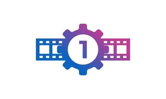 Number 1 Gear Cog Wheel with Reel Stripes Filmstrip for Film Movie Cinema Production Studio Logo Inspiration vector