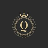 Initial Letter Q Heraldic Royal Frame with Crown and Laurel Wreath. Simple Classic Emblem. Round Composition. Graphics Style. Art Elements for Logo Design Vector Illustration