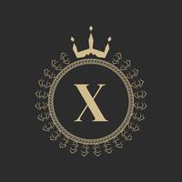 Initial Letter X Heraldic Royal Frame with Crown and Laurel Wreath. Simple Classic Emblem. Round Composition. Graphics Style. Art Elements for Logo Design Vector Illustration