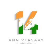 Celebración del aniversario de 14 años con barra blanca de pincel en azafrán amarillo y color verde de la bandera india. saludo de feliz aniversario celebra evento aislado sobre fondo blanco vector