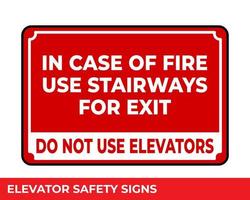 en caso de incendio, use las escaleras, no use el letrero de los ascensores con un mensaje de advertencia para áreas industriales, fácil de usar y plantillas de diseño de impresión vector